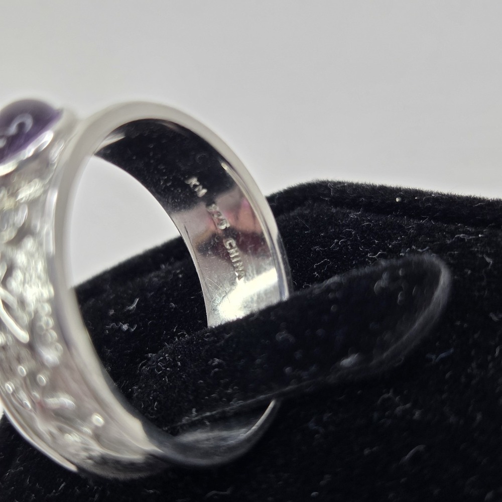 Vintage Embossed Sterling Designer Cabachon Amethyst Diamond Band Ring Size 8.75 - Picture 7 of 9
